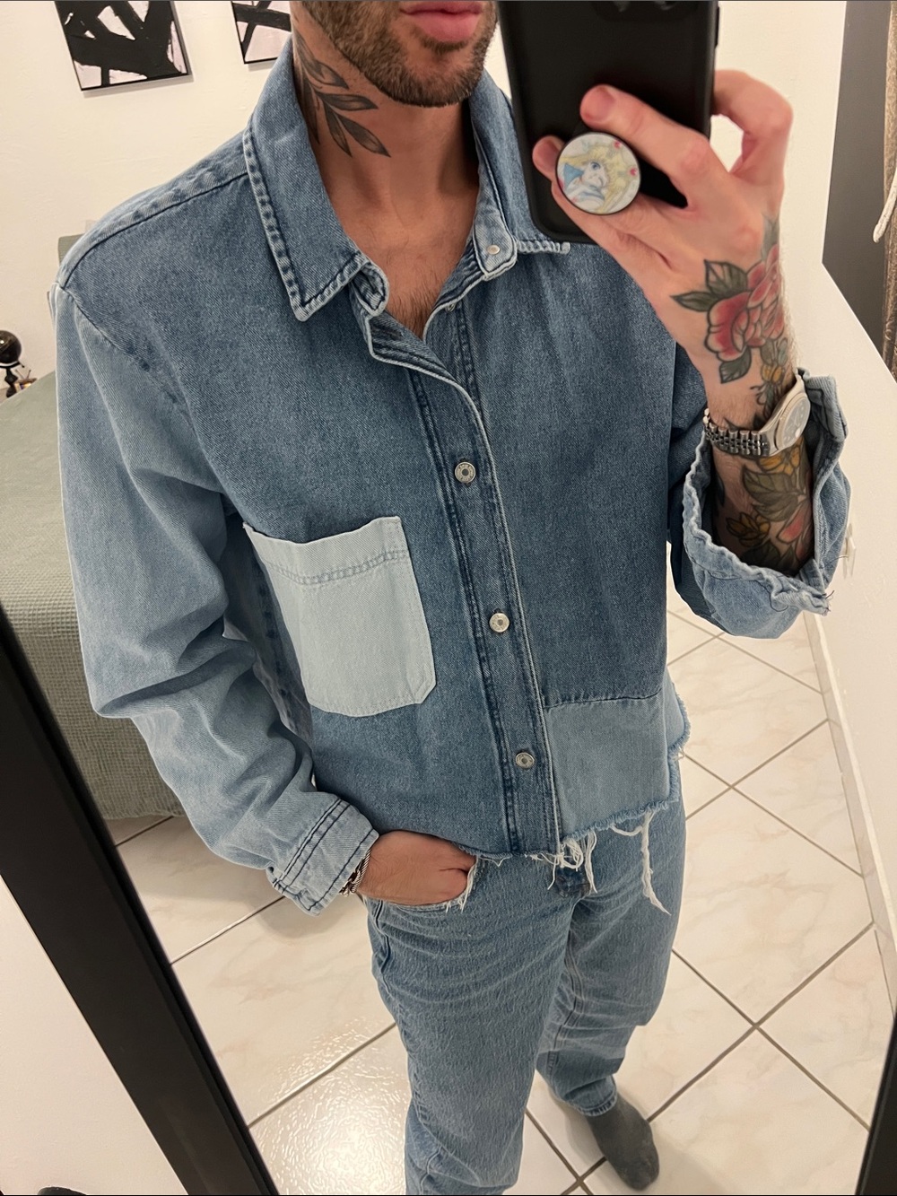 Zara Cropped Relaxed Fit Light Blue Patchwork Denim Shirt
